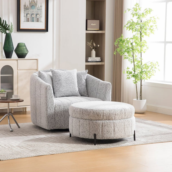 English Elm 39"w Swivel Barrel Club Chair with Channel Tufted Chenille and Round Storage Ottoman Set White+Black W3118S00047