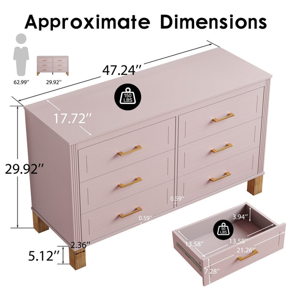 English Elm 6-drawer Double Dresser Solid Wood Legs Mid-century Modern Bedroom Storage Cabinet Pink W1445S00009