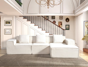 English Elm CozyForm Corduroy Convertible Sectional Sofa with Ottoman and Pillows, Modular L‑Shape Sleeper Comfort Beige B2735S00036