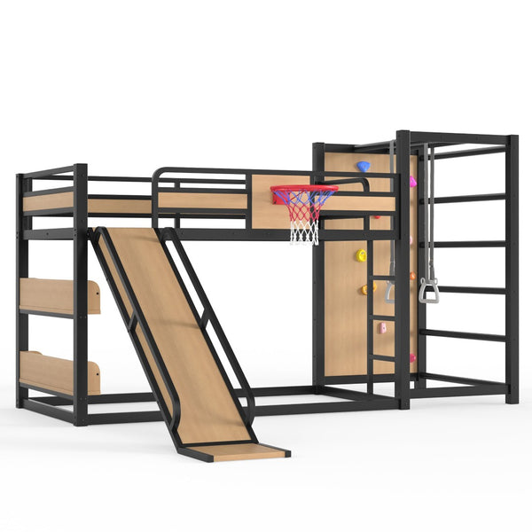 English Elm Twin Metal Loft Bed with Slide Basketball Hoop Climbing Wall and Built-in Shelves W1580S00631