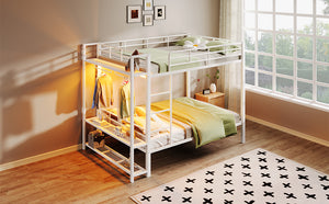 English Elm Full Size Metal Bunk Bed With Led Lights, Storage Shelves & Hooks - Stylish Space-Saver In White N7090000667K