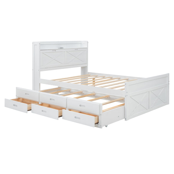 English Elm Full Full Size Wooden Bed with Storage Headboard, Built-In Outlets, Trundle & 3 Drawers for Space-Saving Bedrooms White 80.51 L x 17.12 W x 4.57 H N733S172712K