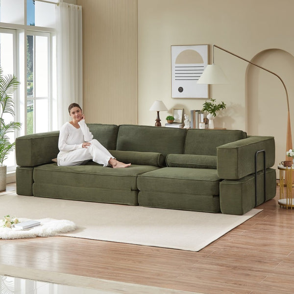 English Elm Large Modular Corduroy Sectional Sofa Configurable Seating for Family Living Rooms Army Green W3396S00056