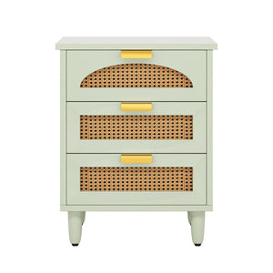 English Elm Rattan Three Drawer Nightstand Hand Woven Farmhouse Accent Table for Bedroom or Living Room T3971P453647