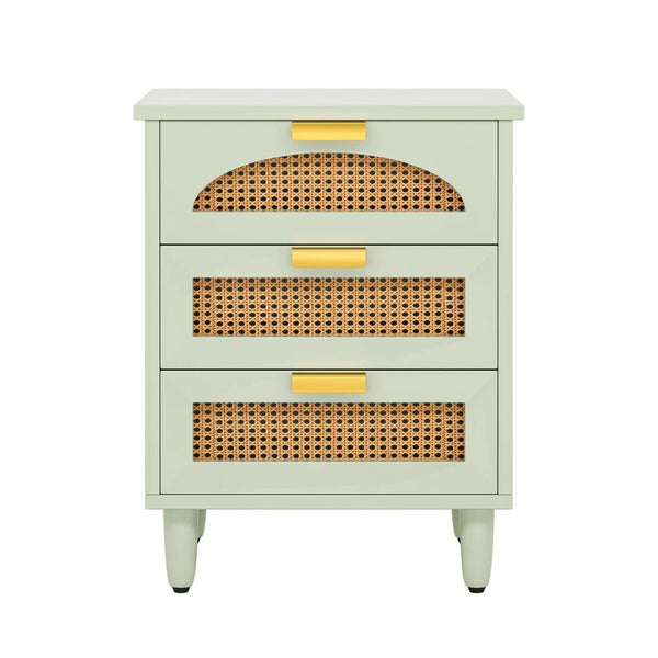 English Elm Rattan Three Drawer Nightstand Hand Woven Farmhouse Accent Table for Bedroom or Living Room T3971P453647