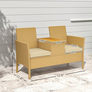 English Elm Patio Loveseat with Flip Top Acacia Table Pe Rattan Balcony Sofa Hidden Storage T3971P446177