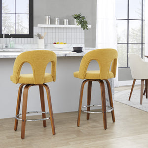 English Elm Fixed-height Swivel Counterstools Walnut Bentwood Legs Yellow Upholstery Chrome Footrest Pair B202S01797