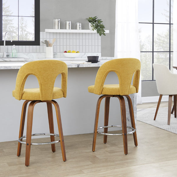 English Elm Fixed-height Swivel Counterstools Walnut Bentwood Legs Yellow Upholstery Chrome Footrest Pair B202S01797