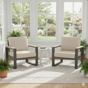 English Elm Set of 2 Powder-coated Aluminum Outdoor Armchairs with Ergonomic Reclined Cushioned Seats Beige+Black B082P455136