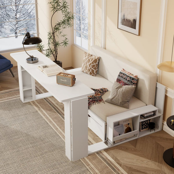 English Elm Queen Daybed with Hydraulic Desk Storage Drawers and Convertible Sofa for Small Spaces White LT000272AAK