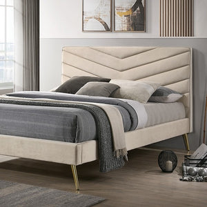 English Elm Mid-century Chevron Tufted Headboard Full Bed with Gold-Plated Legs, Flannelette Upholstery, Art Deco Flair Beige 80 L x 11 W x 10 H B011S00900