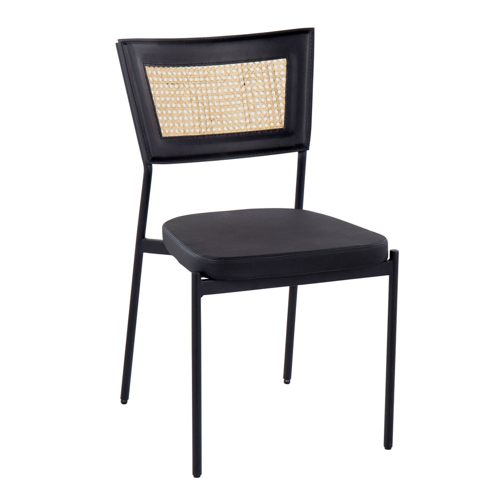 English Elm Rattan Tania Contemporary Dining Chairs Set of 2 — Black Faux Leather Seats, Rattan Back, Sleek Metal Frame B202P223639