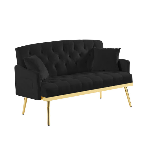 English Elm BLACK Velvet 2-Seater Sofa with Gold Metal Legs, Foam Cushioning, Solid Wood Frame, Compact Chic W588P300280