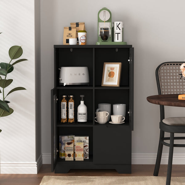 English Elm MDF modern painted storage cabinet with glass doors, drawer and open shelves for entryway decor (97) Black W409P171447