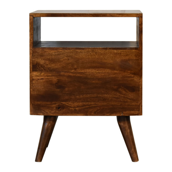 English Elm Classic Chestnut Solid Mango Wood Nightstand with Brass Knobs, 2 Drawers & Open Shelf, Nordic Legs B182P336645