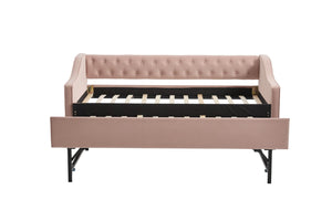 English Elm Twin Velvet Daybed with Pull Out Trundle Tufted Back Usb Port and Side Pockets Pink W1361S00037