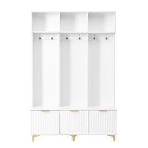 English Elm ON-TREND Modern Hall Tree with Bench and Shoe Storage, High Gloss Fluted Doors, Gold Accents, 75"H White+Gold N721P180460K