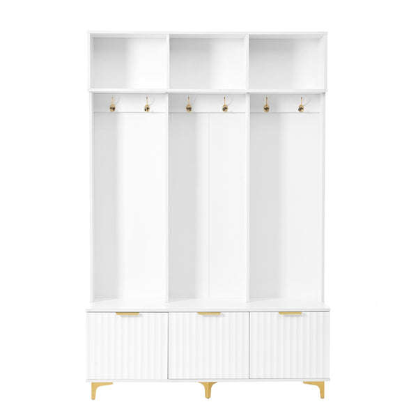 English Elm ON-TREND Modern Hall Tree with Bench and Shoe Storage, High Gloss Fluted Doors, Gold Accents, 75"H White+Gold N721P180460K