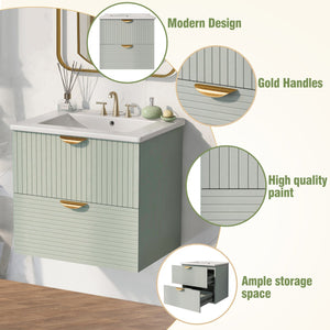 English Elm Modern 24-Inch Wall-Mounted Bathroom Vanity with 2 Drawers, Gold Handles, Space-Saving Luxury Green WF324047AAF