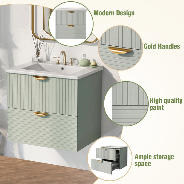 English Elm Modern 24-Inch Wall-Mounted Bathroom Vanity with 2 Drawers, Gold Handles, Space-Saving Luxury Green WF324047AAF