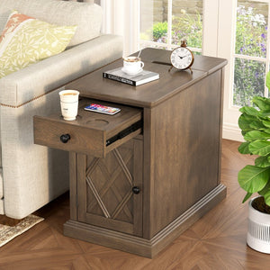 English Elm U-can Acacia Wood End Table with Usb Charging Station Drawer and Cabinet Storage Antique Brown N724P353565D
