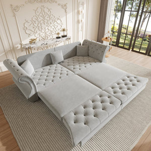 English Elm 97.6" Oversized Velvet Chesterfield Sleeper Sofa Floral Tufted Roll Arm Living Room Couch Light Grey W1885S00398