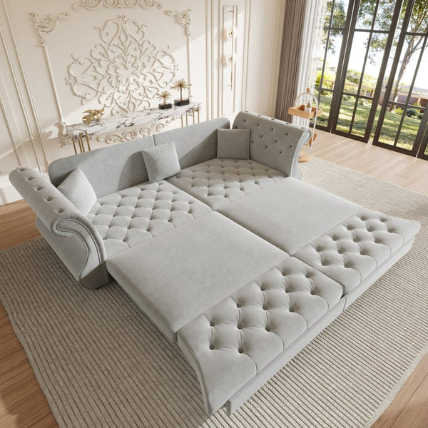 English Elm 97.6" Oversized Velvet Chesterfield Sleeper Sofa Floral Tufted Roll Arm Living Room Couch Light Grey W1885S00398
