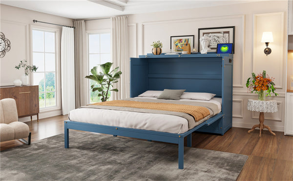 English Elm Queen Murphy Wall Bed Cabinet with Storage Drawer Built-in Power Outlets Usb Ports Navy Blue LP000400AAC-1