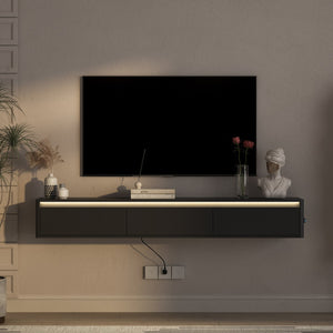 English Elm Floating TV Stand with Touch LED Strip, Built-In Power Hub & Ample Storage for Modern Living Rooms Black 74.61 L x 17.52 W x 6.1 H W1321P389542