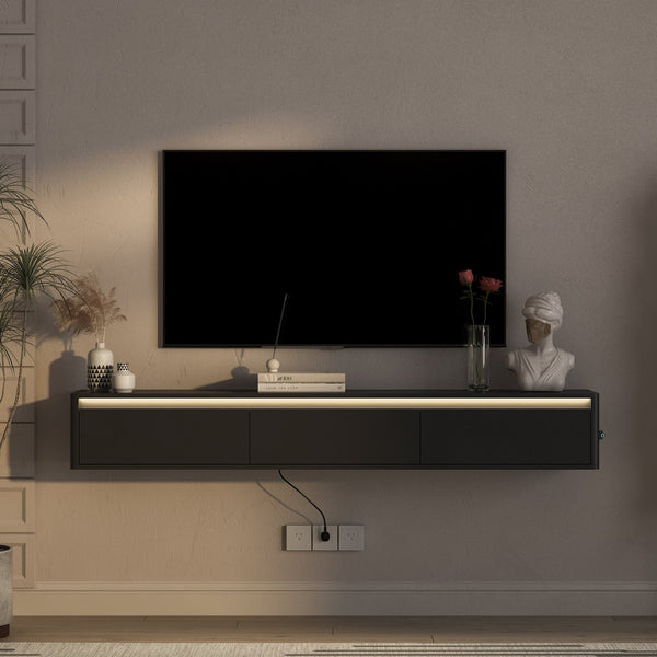 English Elm Floating TV Stand with Touch LED Strip, Built-In Power Hub & Ample Storage for Modern Living Rooms Black 74.61 L x 17.52 W x 6.1 H W1321P389542