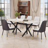 7-Piece Dining Set: Marble-Look Table & 6 Leatherette Chairs with Black Legs