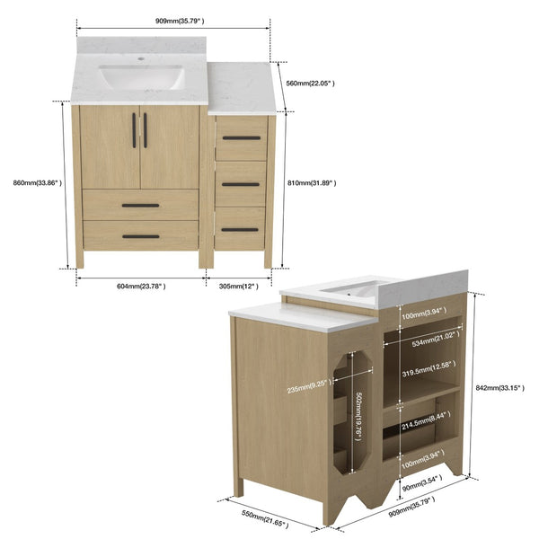 English Elm 108"w×22"d×34"h Freestanding Double Sink Vanity with White Countertop Soft Close T3785S00001