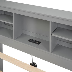 English Elm Twin Platform Bed with Storage Headboard, Pull-Out Trundle & 3 Drawers, USB Ports, Solid Wood Durability Gray GX000715AAE