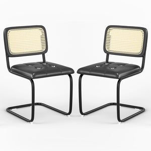 English Elm Kitchen Mid-Century Dining Chairs Set of 2 with Rattan Backrest, Cantilever Aluminum Legs, 300lb Capacity Black PU T3623P408455