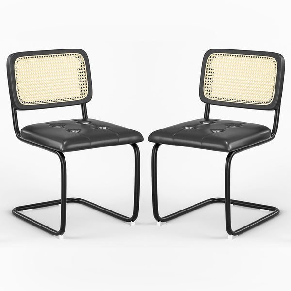 English Elm Kitchen Mid-Century Dining Chairs Set of 2 with Rattan Backrest, Cantilever Aluminum Legs, 300lb Capacity Black PU T3623P408455