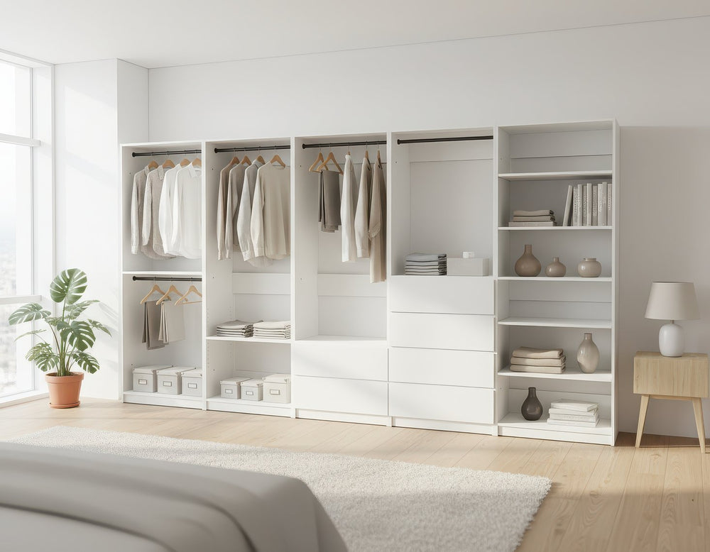 English Elm Prosper White Freestanding Walk-In Wood Closet System with Oak Finish, Durable Melamine Build, Modular Storage Solutions B040S00135
