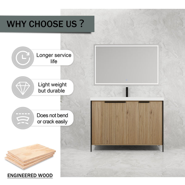 English Elm 48" Freestanding Bathroom Vanity with Thick Resin Sink, Soft-Close Doors, Adjustable Shelves, Durable Finish Light Coffee W999S00297