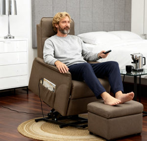 English Elm Fabric Power Lift Recliner Chair with Tufted Linen Feel Upholstery and Side Storage Pocket Brown T3971P412392