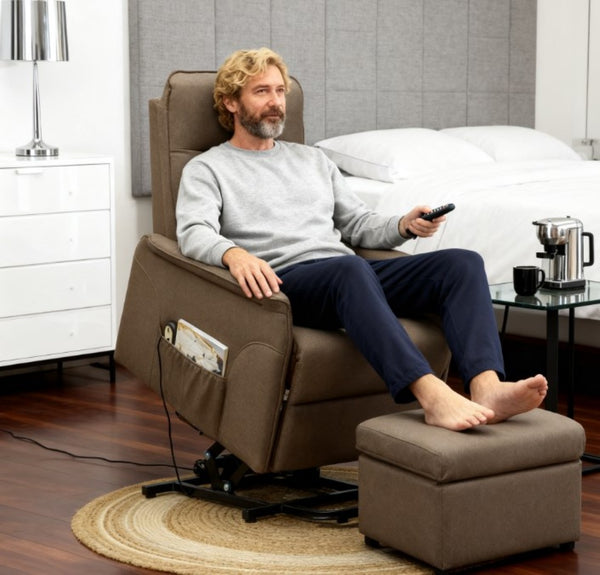 English Elm Fabric Power Lift Recliner Chair with Tufted Linen Feel Upholstery and Side Storage Pocket Brown T3971P412392