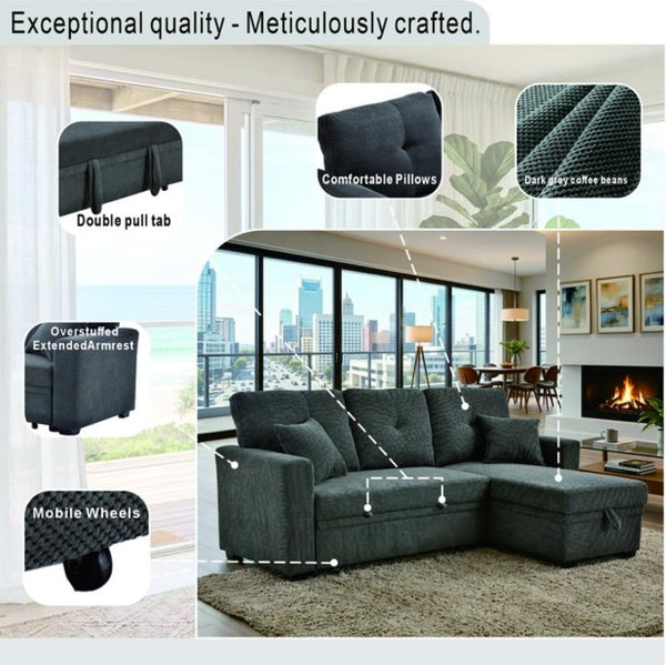 English Elm Sleeper Sectional Sofa with Storage Chaise Tufted Polyester Upholstery Small Space W5568S00038