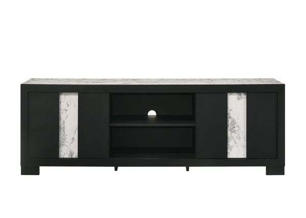 English Elm 1pc Modern Entertainment Console with Industrial Edge, Grey Wood Finish, Open Shelf & Two Drawers Black,White 19.69 L x 75 W x 26.38 H B2741P295470