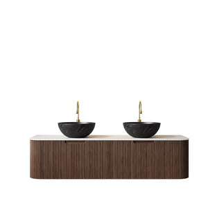 English Elm Dina 60 Inch Floating Bathroom Vanity Sintered Stone Top Dual Glass Basins Wood Grain Black,Carrara White,Dark Walnut W2615S00280