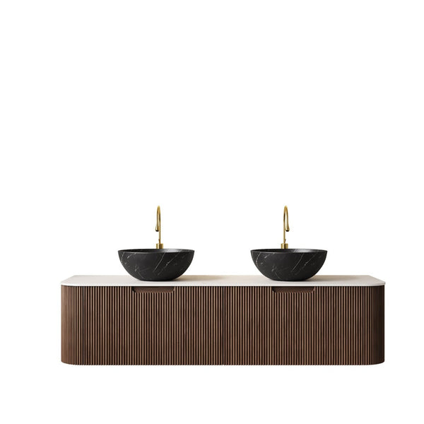 English Elm Dina 60 Inch Floating Bathroom Vanity Sintered Stone Top Dual Glass Basins Wood Grain Black,Carrara White,Dark Walnut W2615S00280