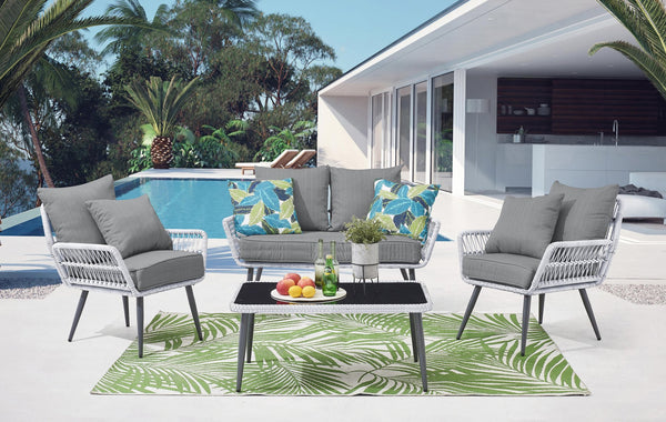 English Elm Portofino Outdoor 4-Pc Conversation Set with Removable Waterproof Cushions, Tempered Glass Top Grey B365P397656