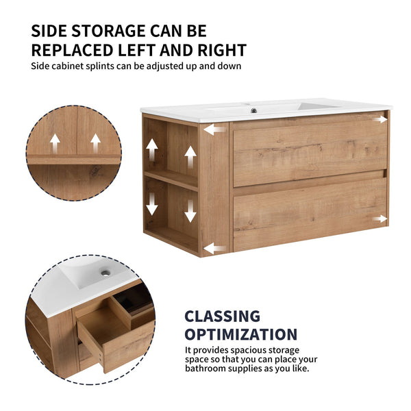 English Elm 36" Wall Mounting Bathroom Vanity With Ceramic Sink, Side Adjustable Shelf, Soft-Close Drawers, Water-Resistant Plywood Finish W999S00142