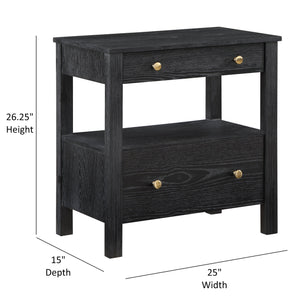 English Elm Danielle Modern 2-Drawer Nightstand in Black Oak Veneer with Gold Knobs, Smooth Glides & Shelf B050P376972