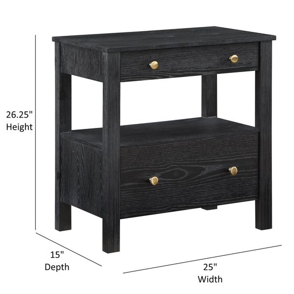 English Elm Danielle Modern 2-Drawer Nightstand in Black Oak Veneer with Gold Knobs, Smooth Glides & Shelf B050P376972