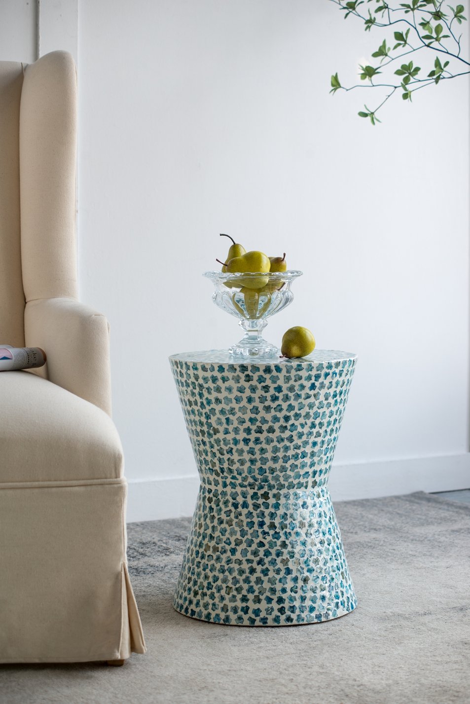 English Elm D14x20" Cylindrical Garden Capiz Stool with Luxe Gold Shell Pattern, Modern Accent Side Table Blue Multi W2078P290748