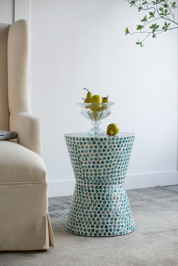 English Elm D14x20" Cylindrical Garden Capiz Stool with Luxe Gold Shell Pattern, Modern Accent Side Table Blue Multi W2078P290748