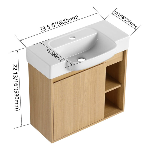 English Elm 24'' Floating Wall Mounted Bathroom Vanity with Ceramic Sink and Soft Close Cabinet Light Oak W999P426633